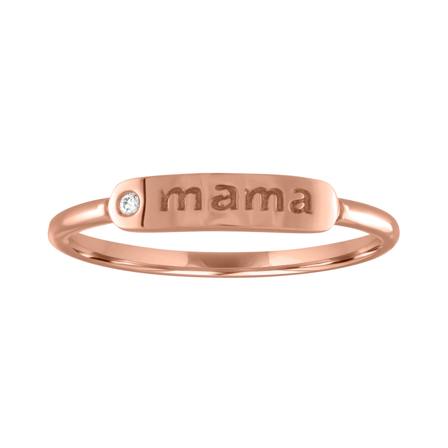 Rose gold skinny band with mama in the center and round diamond.