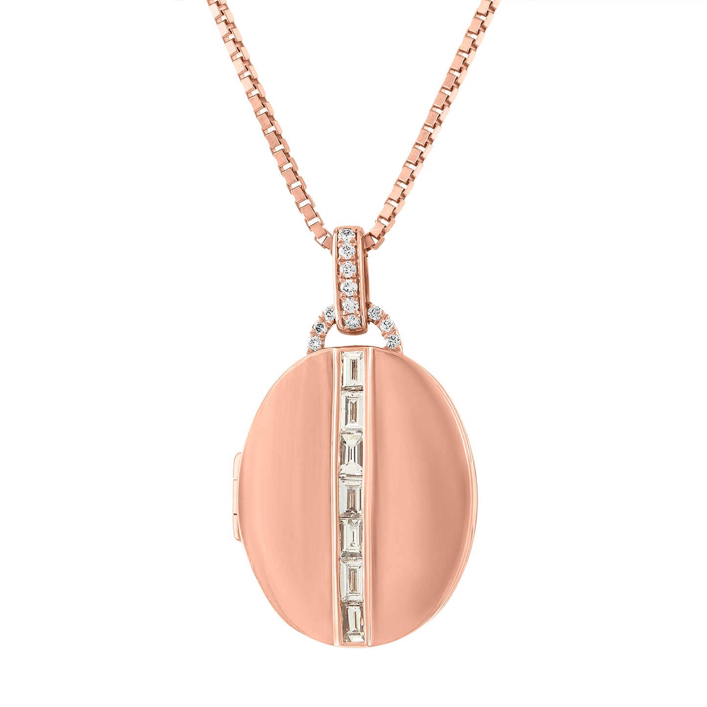 Rose gold oval locket with diamond baguettes down the center and round diamonds on the bail.
