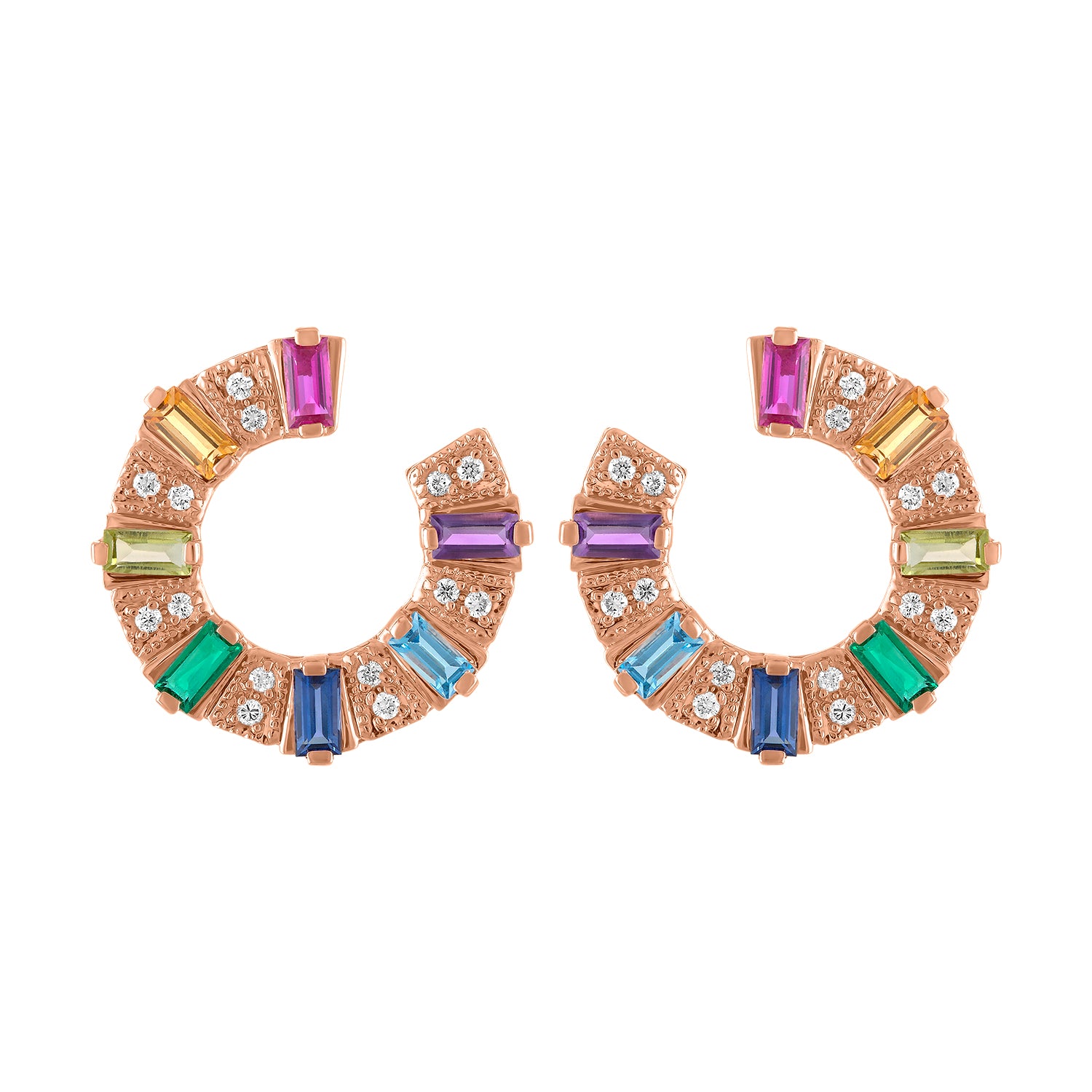 Rose gold pair of earrings with multicolor baguettes and round diamonds.
