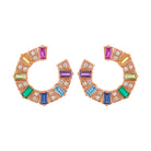 Rose gold pair of earrings with multicolor baguettes and round diamonds.