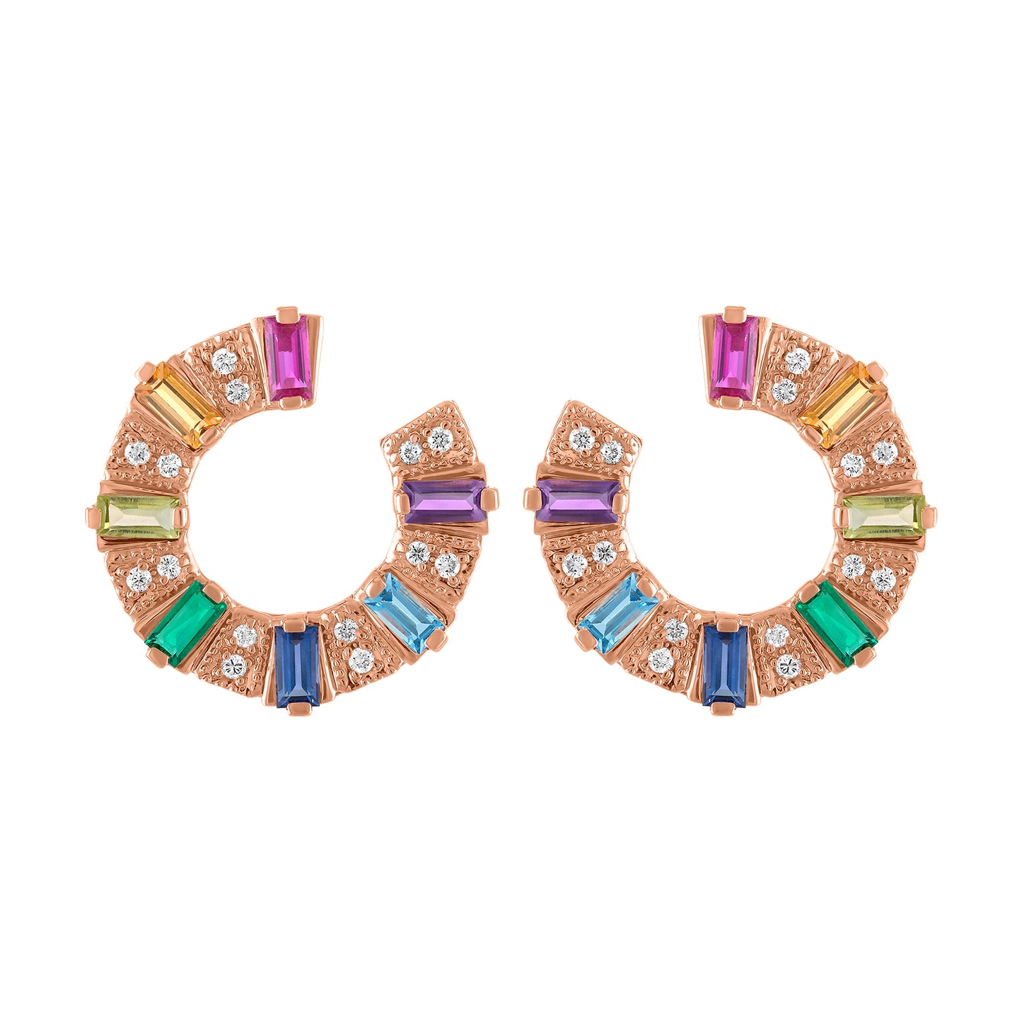 Rose gold pair of earrings with multicolor baguettes and round diamonds.