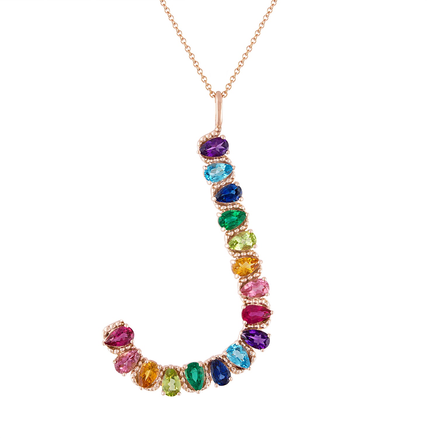 Rose gold jumbo initial necklace with pear shaped multicolor stones.