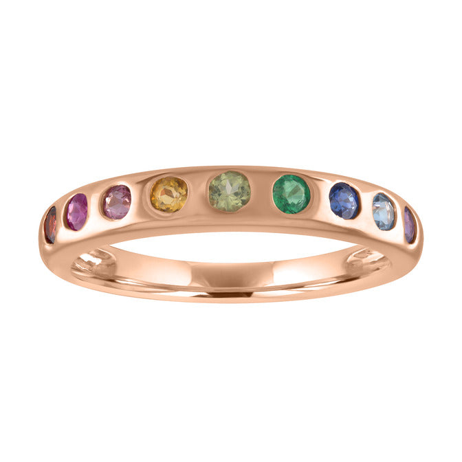 Rose gold skinny band with round multicolor stones. 