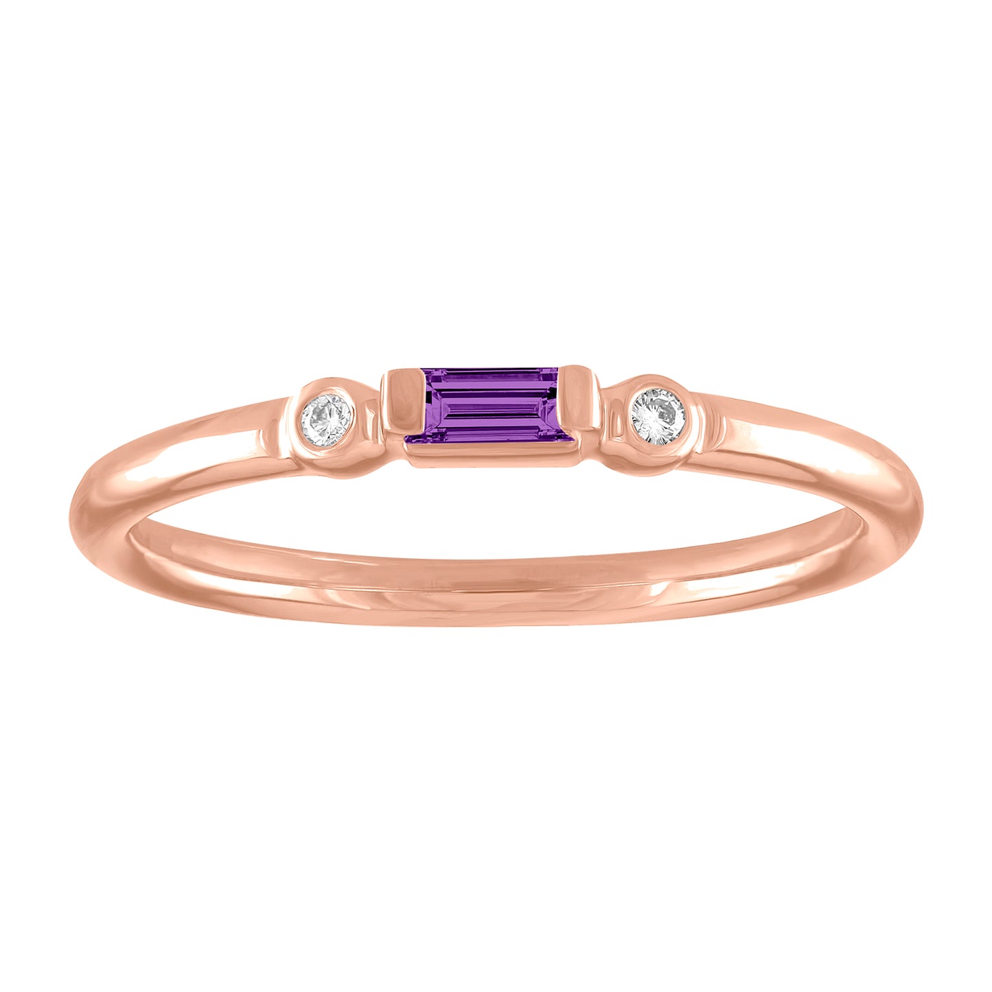 Rose gold skinny band with an amethyst baguette in the center and two round diamonds on the side. 