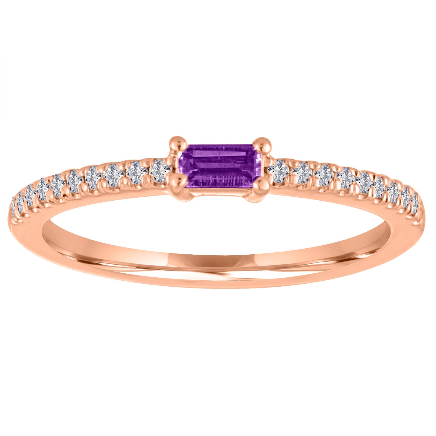 Rose gold skinny band with an amethyst baguette in the center and round diamonds on the shank. 