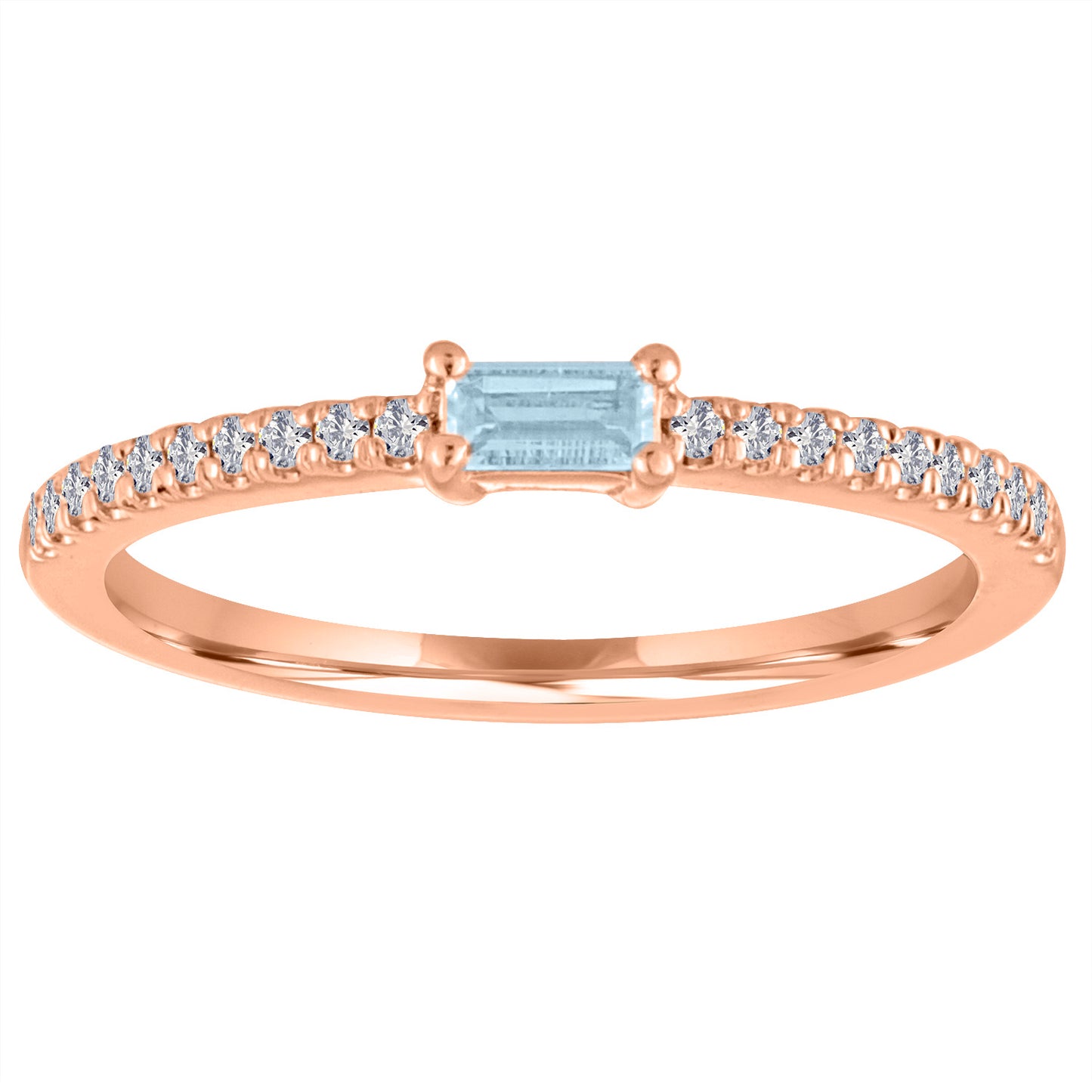 Rose gold skinny band with an aquamarine baguette in the center and round diamonds on the shank.