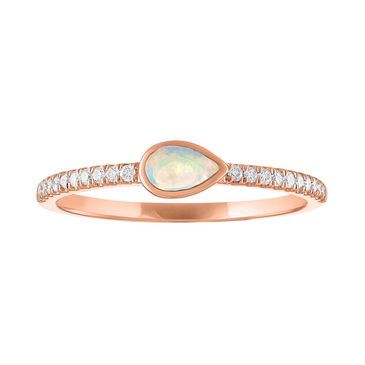 Rose gold skinny band with a bezeled pear shape opal in the center and round diamonds on the shank. 