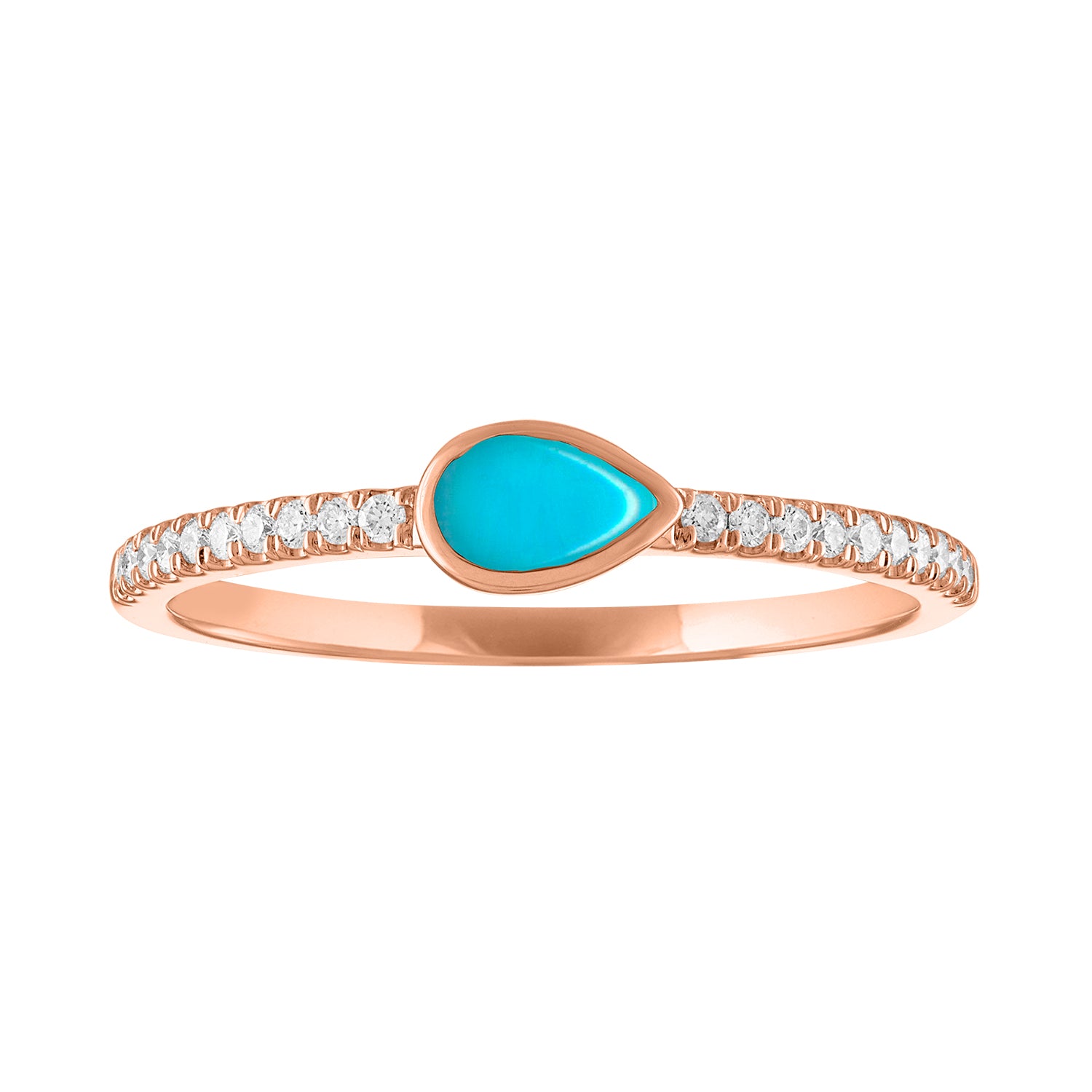 Rose gold skinny band with a bezeled pear shape turquoise in the center and round diamond on the shank. 
