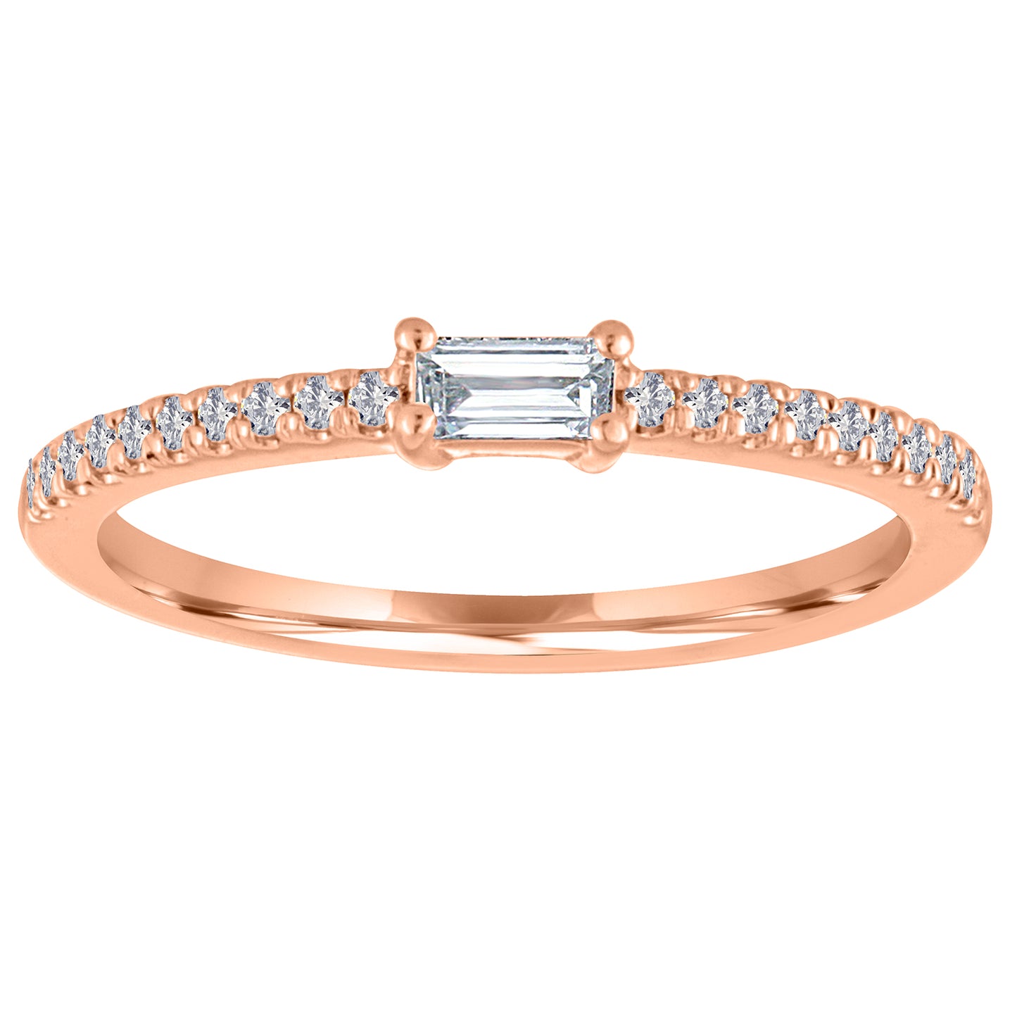 Rose gold skinny band with a diamond baguette in the center and round diamonds on the shank.