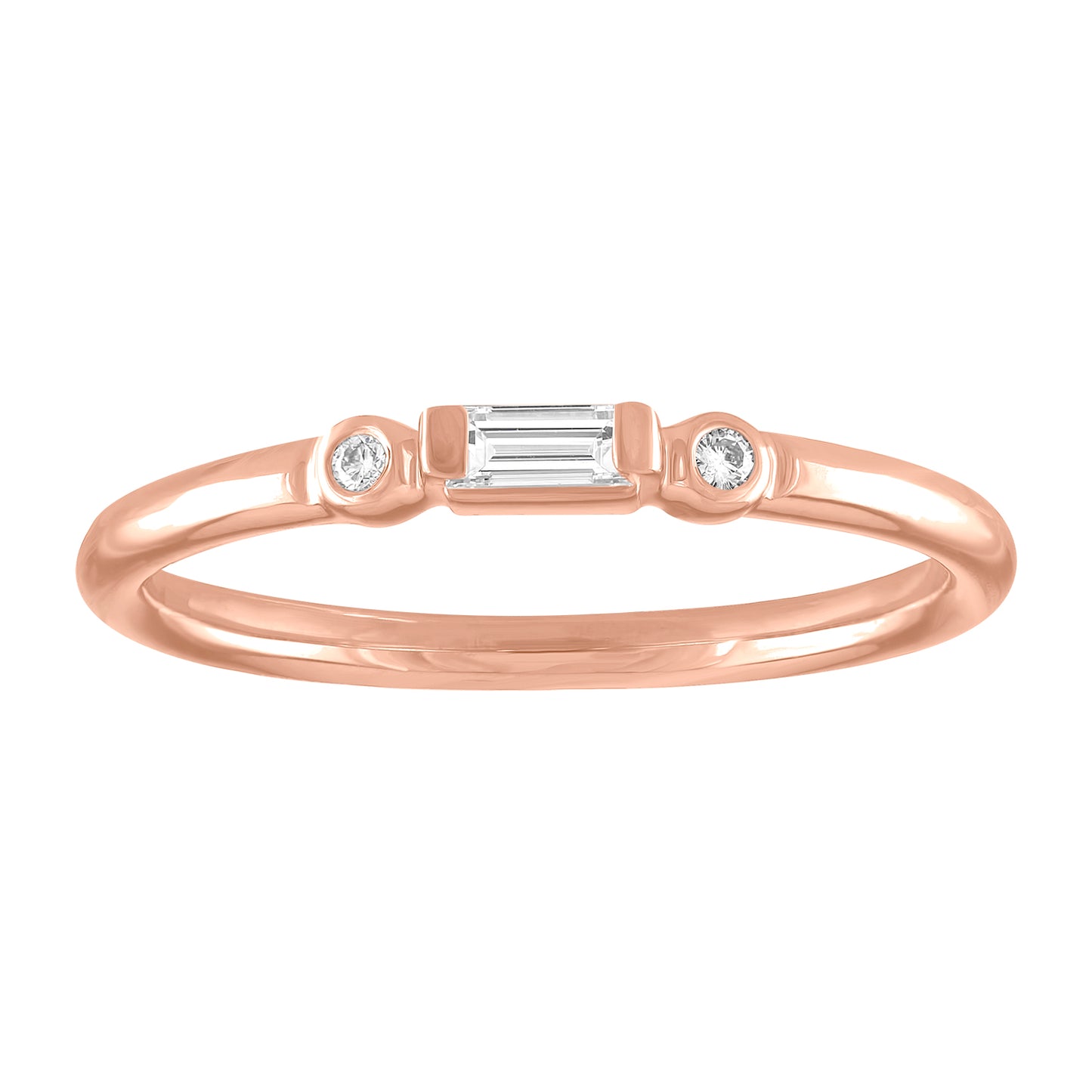 Rose gold skinny band with a diamond baguette in the center and two round diamonds on the side. 