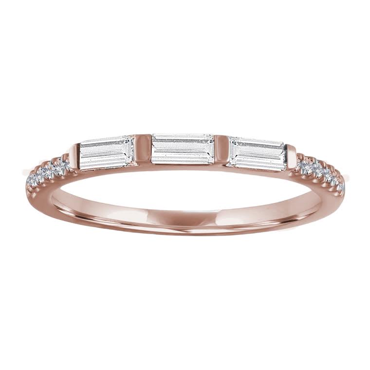 Rose gold skinny band with three diamond baguettes and round diamonds on the shank. 