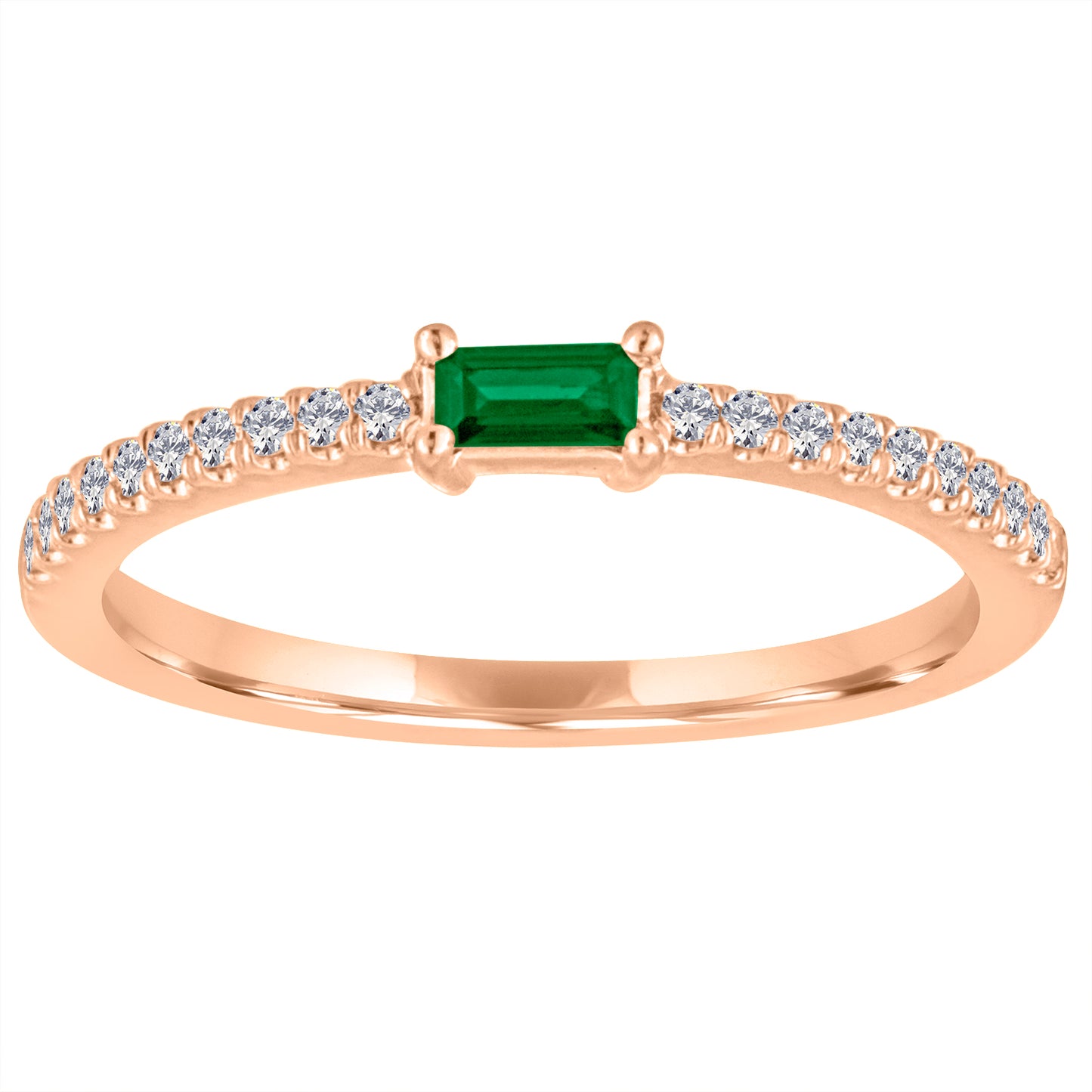 Rose gold skinny band with an emerald baguette in the center and round diamonds on the shank. 