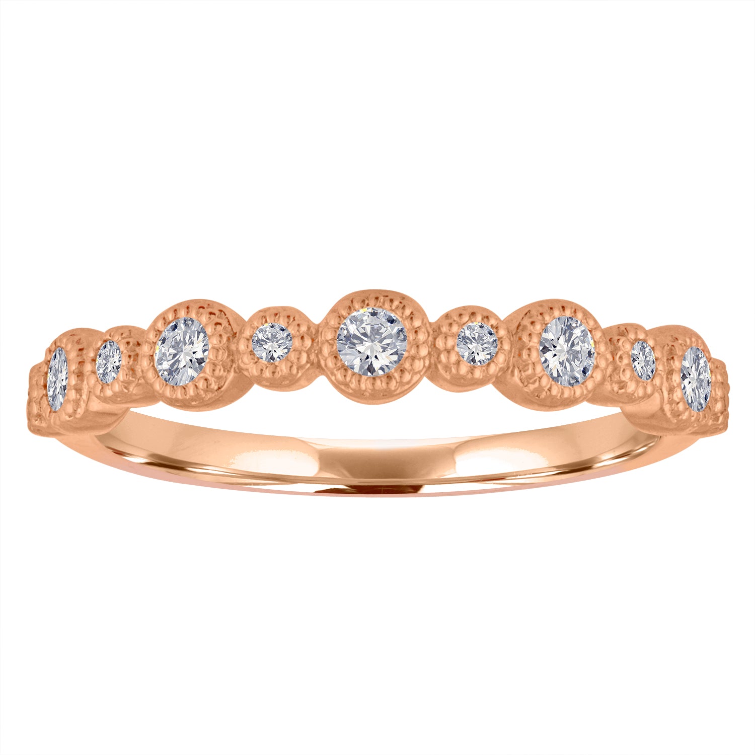 Rose gold skinny band with large round diamonds and small round diamonds.