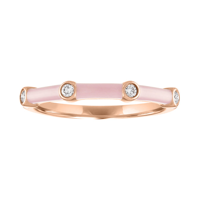 Rose gold skinny band with light pink enamel and four round diamonds.