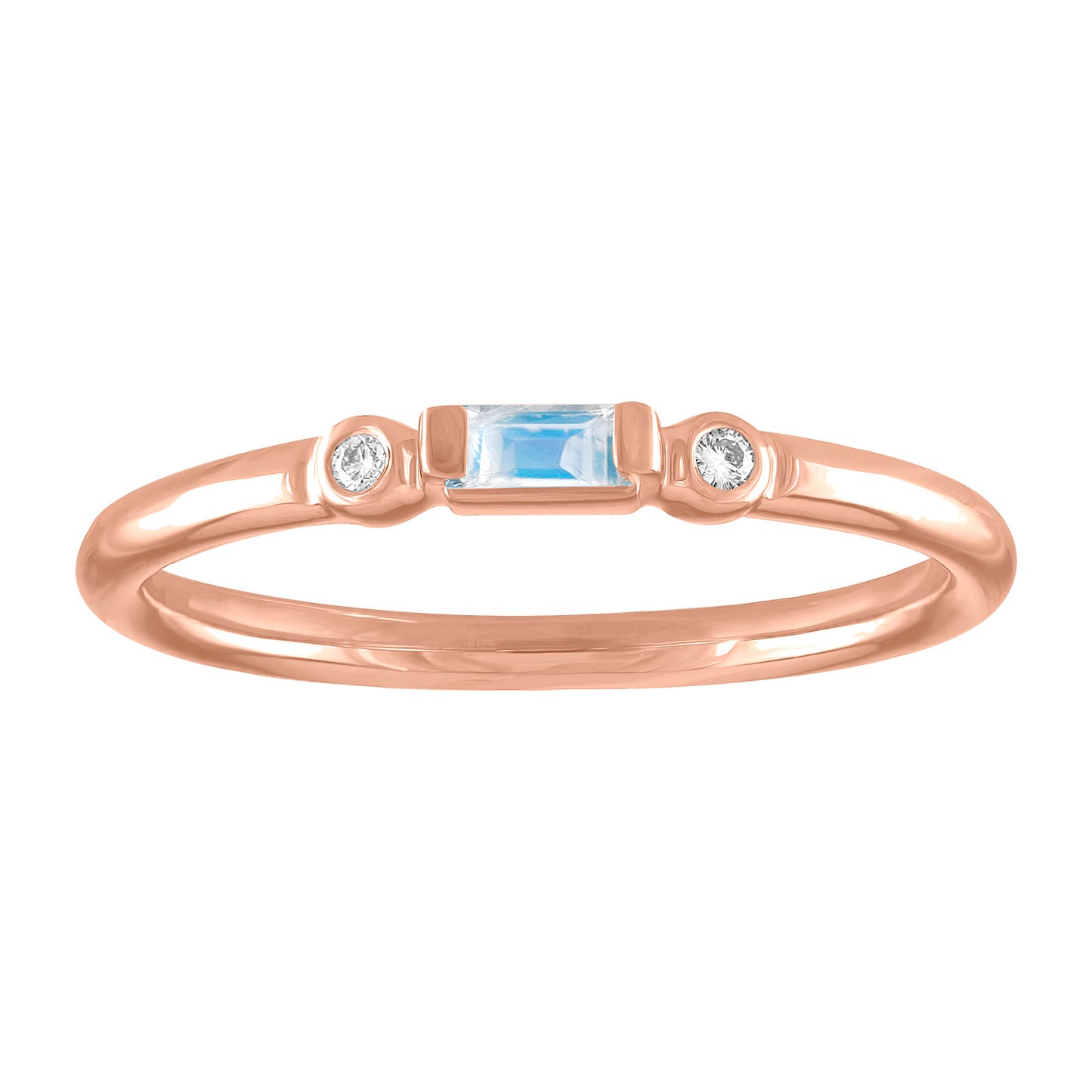 Rose gold skinny band with a moonstone baguette in the center and two round diamonds on the side. 