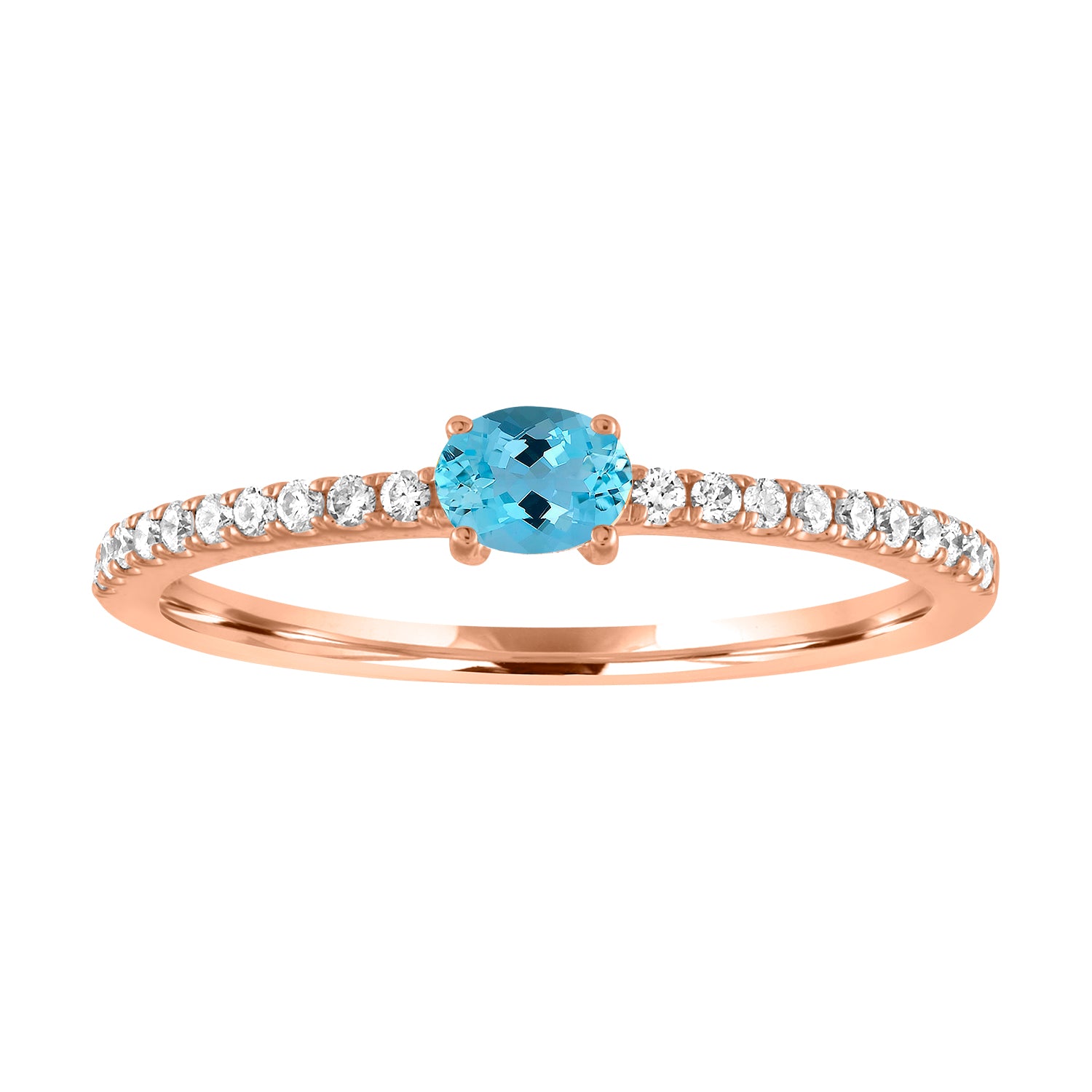 Rose gold skinny band with an oval aquamarine in the center and round diamonds along the shank.