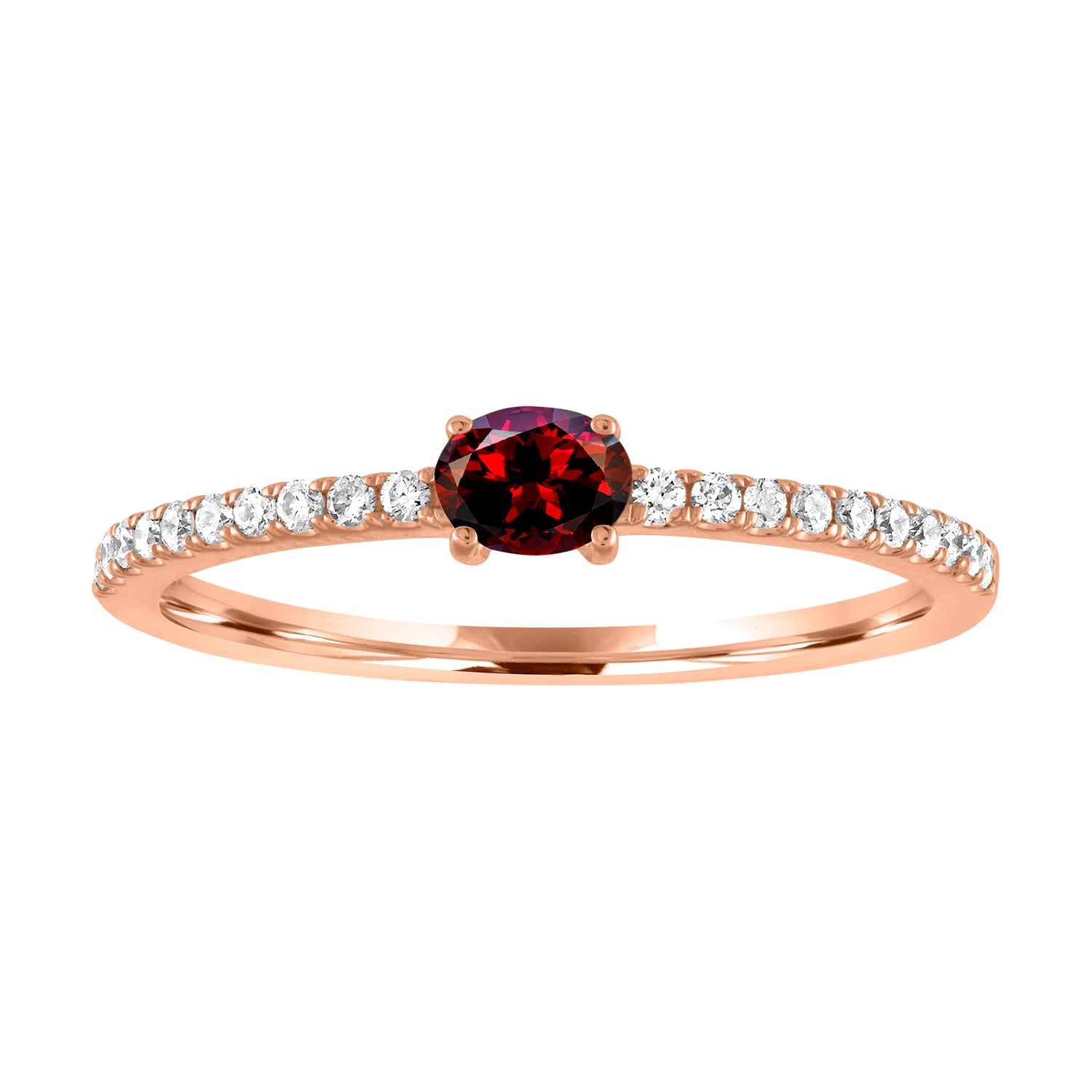 Rose gold skinny band with an oval garnet in the center and round diamonds along the shank.