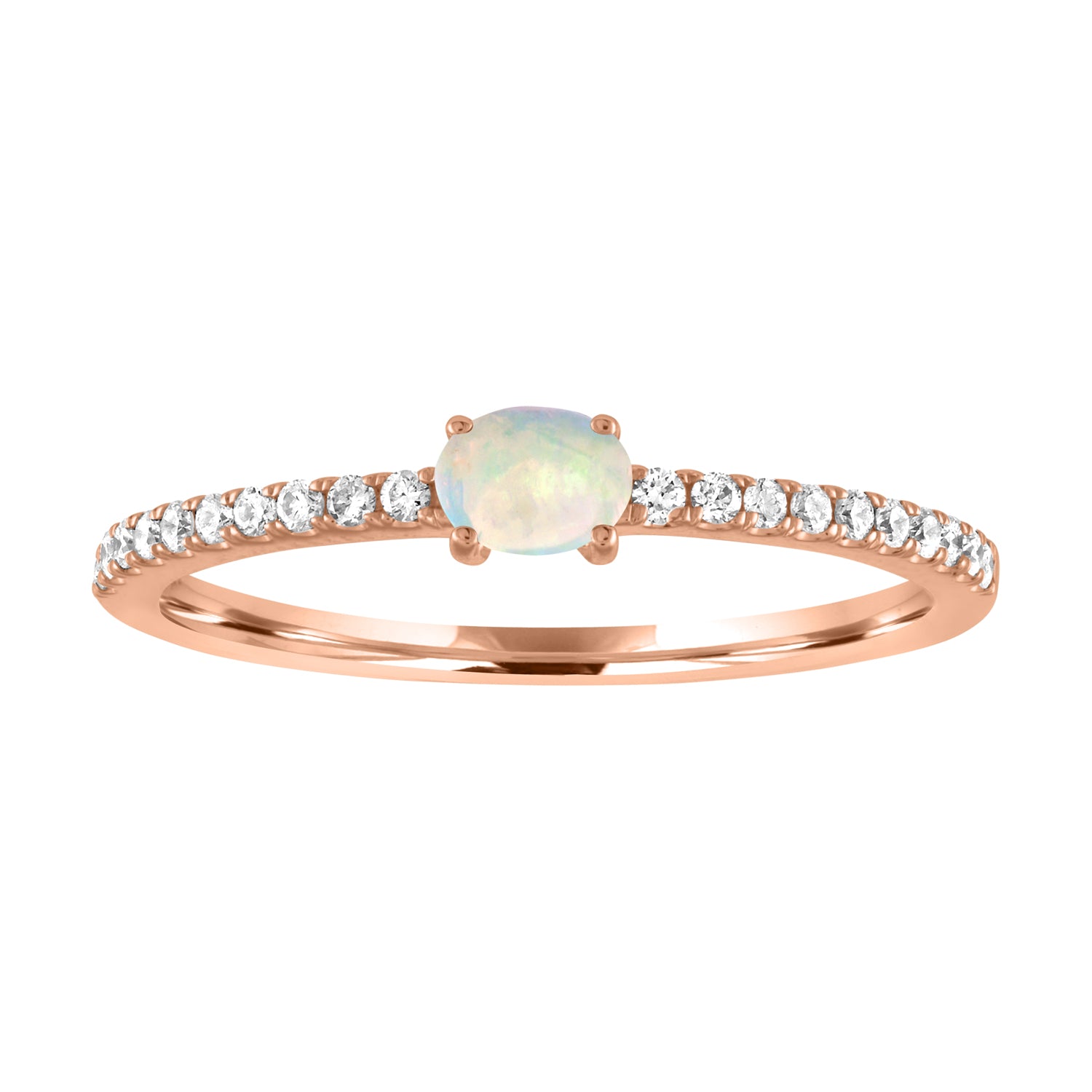 Rose gold skinny band with an oval opal in the center and round diamonds along the shank.