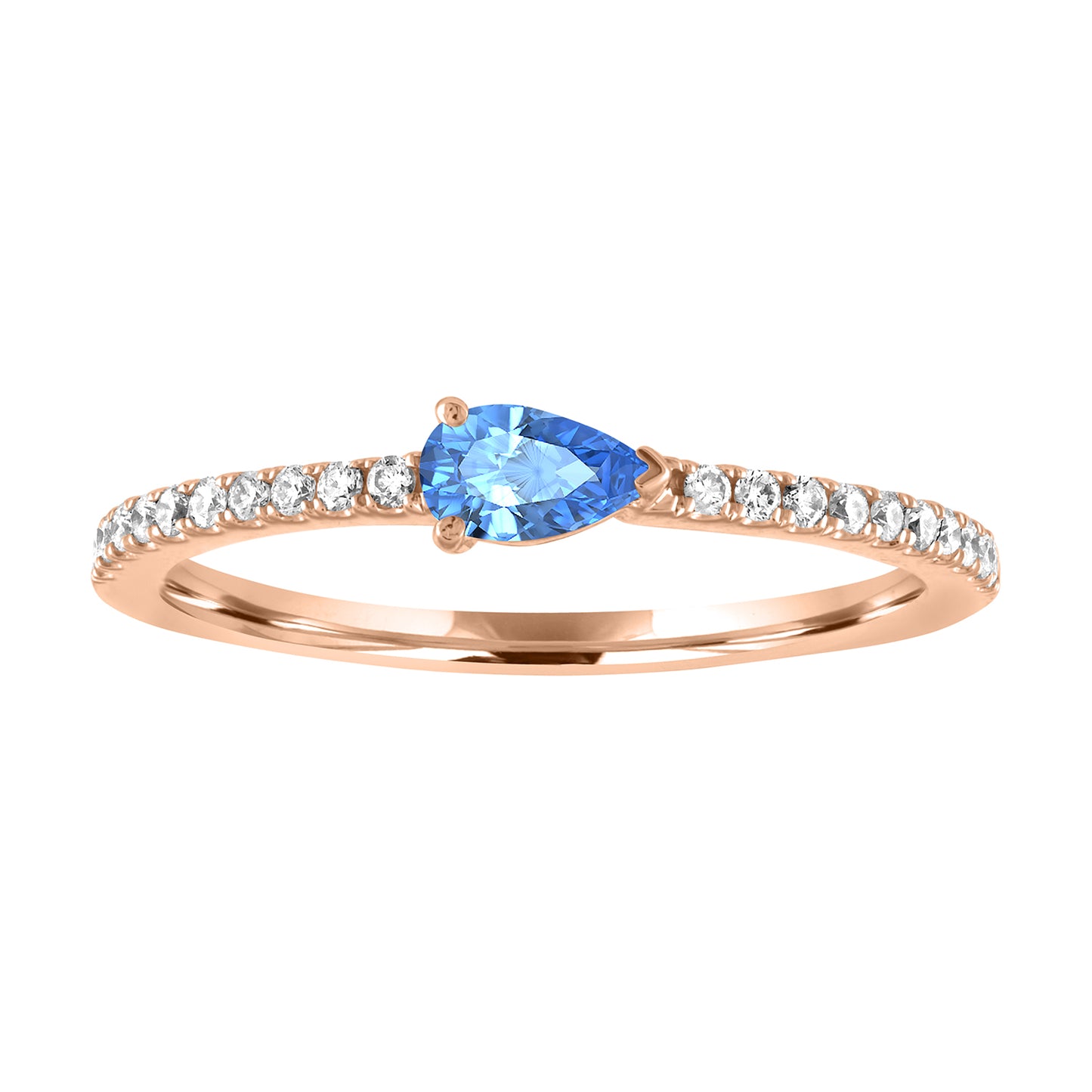 Rose gold skinny band with a pear shaped blue topaz in the center and round diamonds on the shank. 