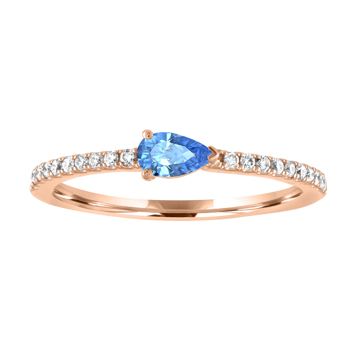 Rose gold skinny band with a pear shaped blue topaz in the center and round diamonds on the shank. 