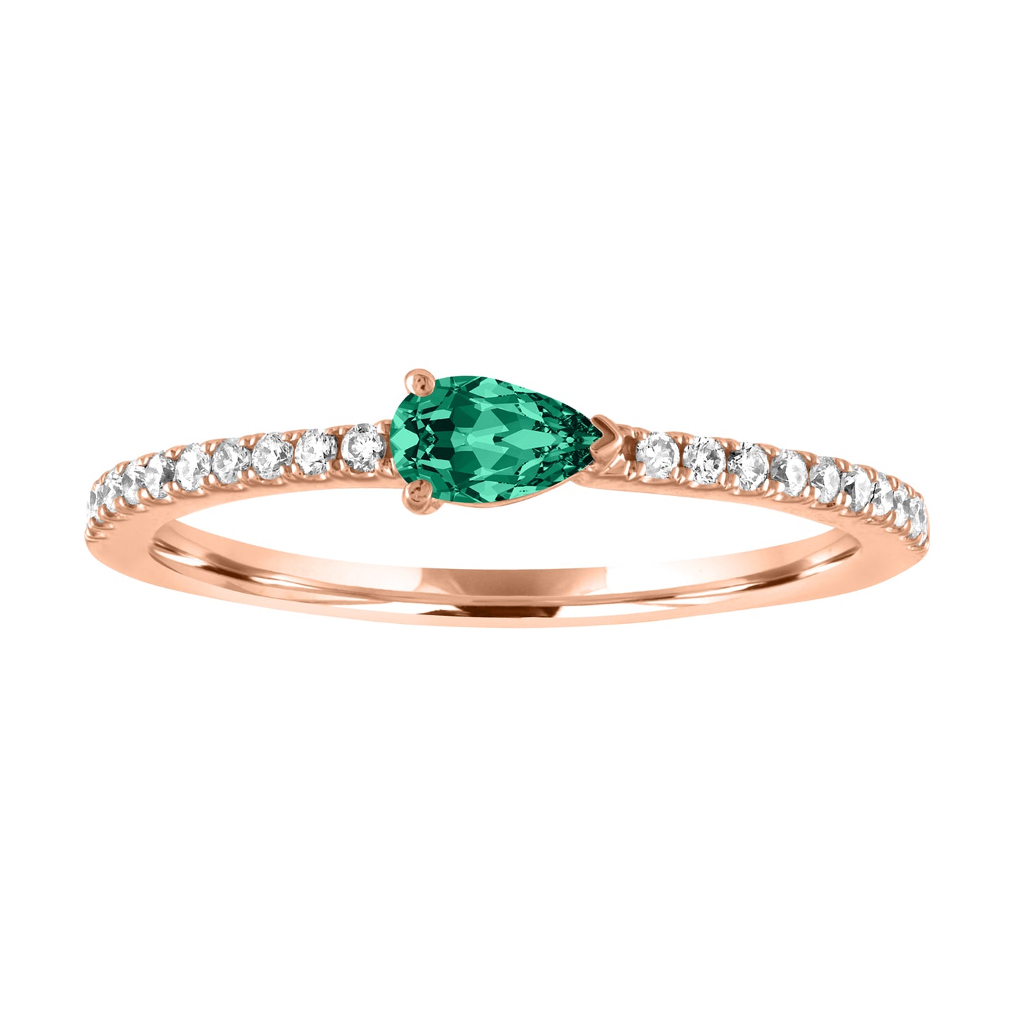 Rose gold skinny band with a pear shaped emerald in the center and round diamonds on the shank. 