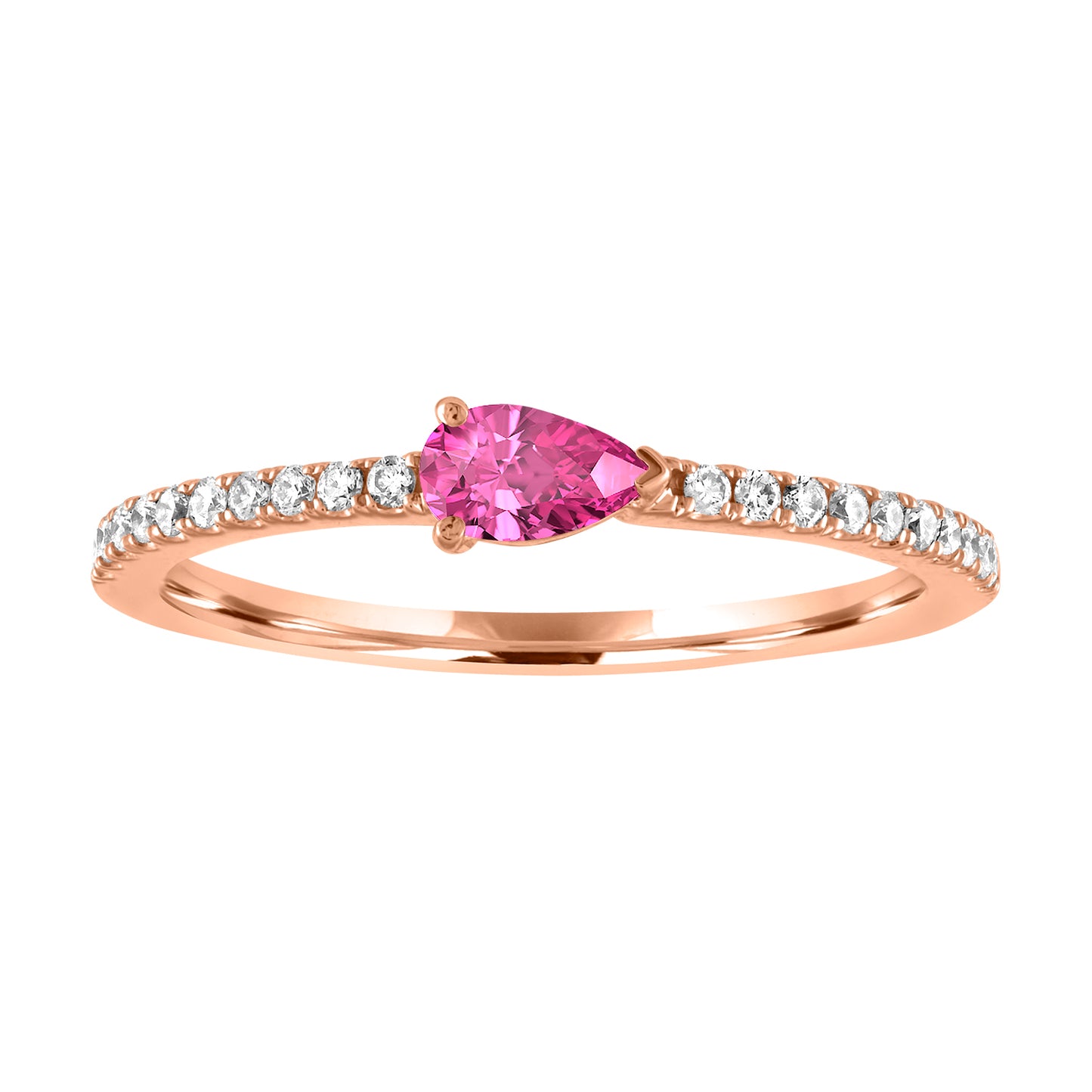 Rose gold skinny band with a pear shaped pink tourmaline in the center and round diamonds on the shank.