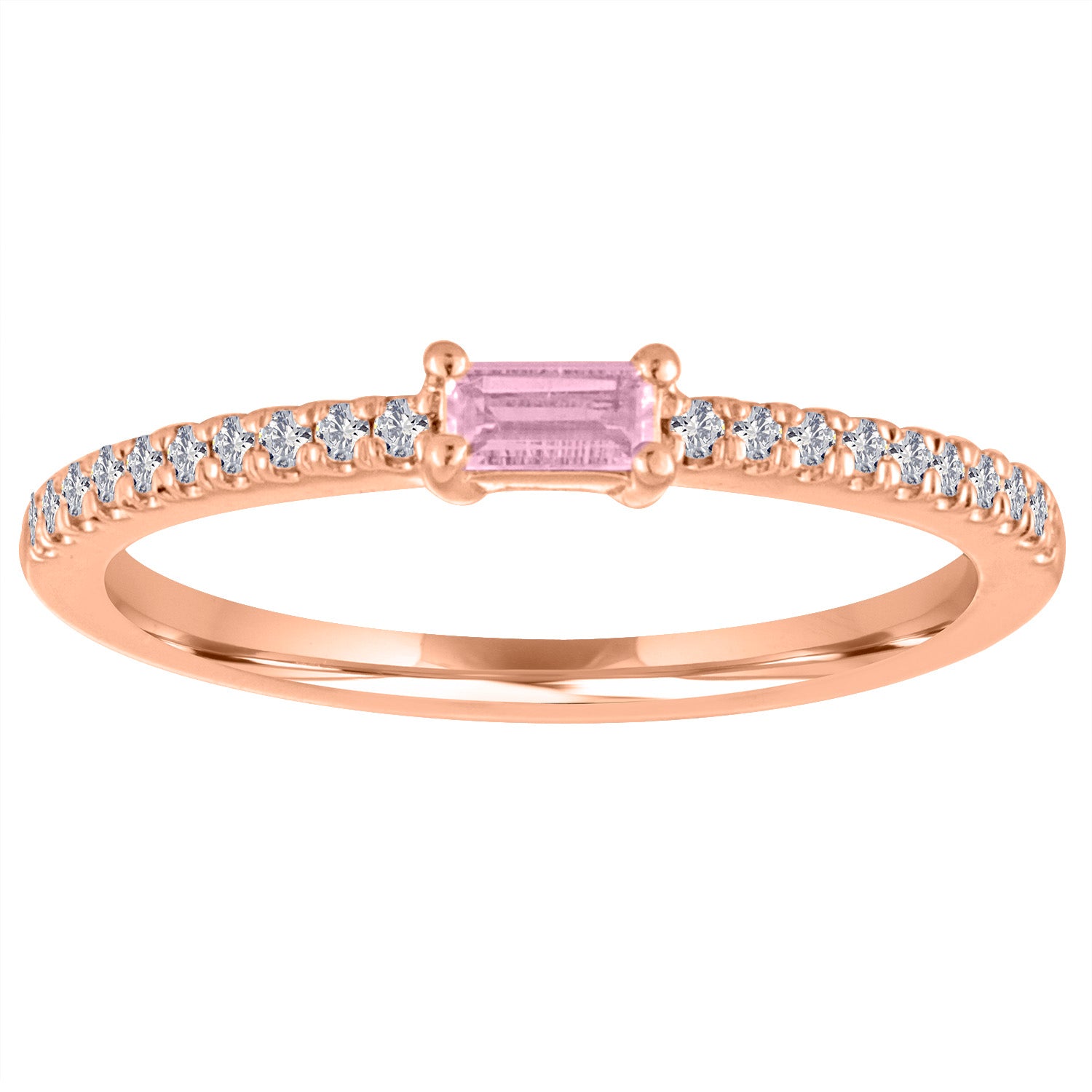 Rose gold skinny band with a pink tourmaline baguette in the center and round diamonds on the shank.