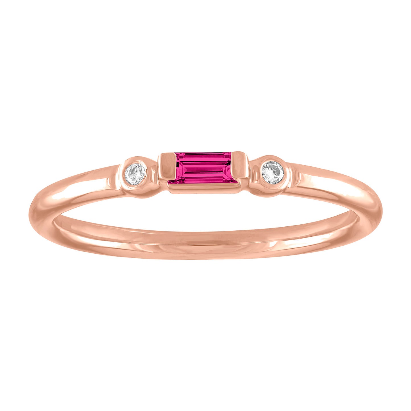 Rose gold skinny band with a pink tourmaline baguette in the center and two round diamonds on the side. 