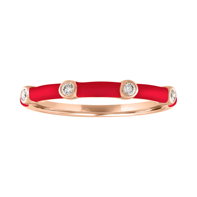Rose gold skinny band with red enamel and four round diamonds.
