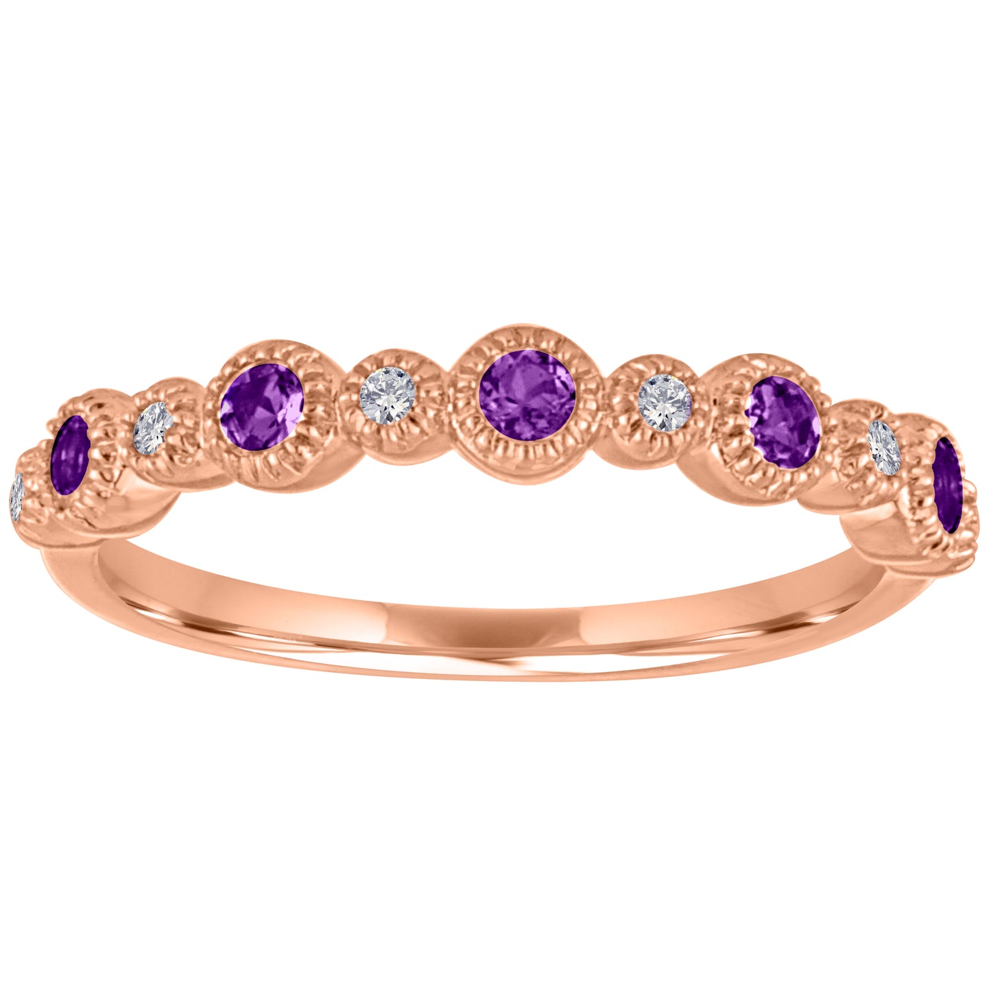 Rose gold skinny band with large round amethysts and small round diamonds. 