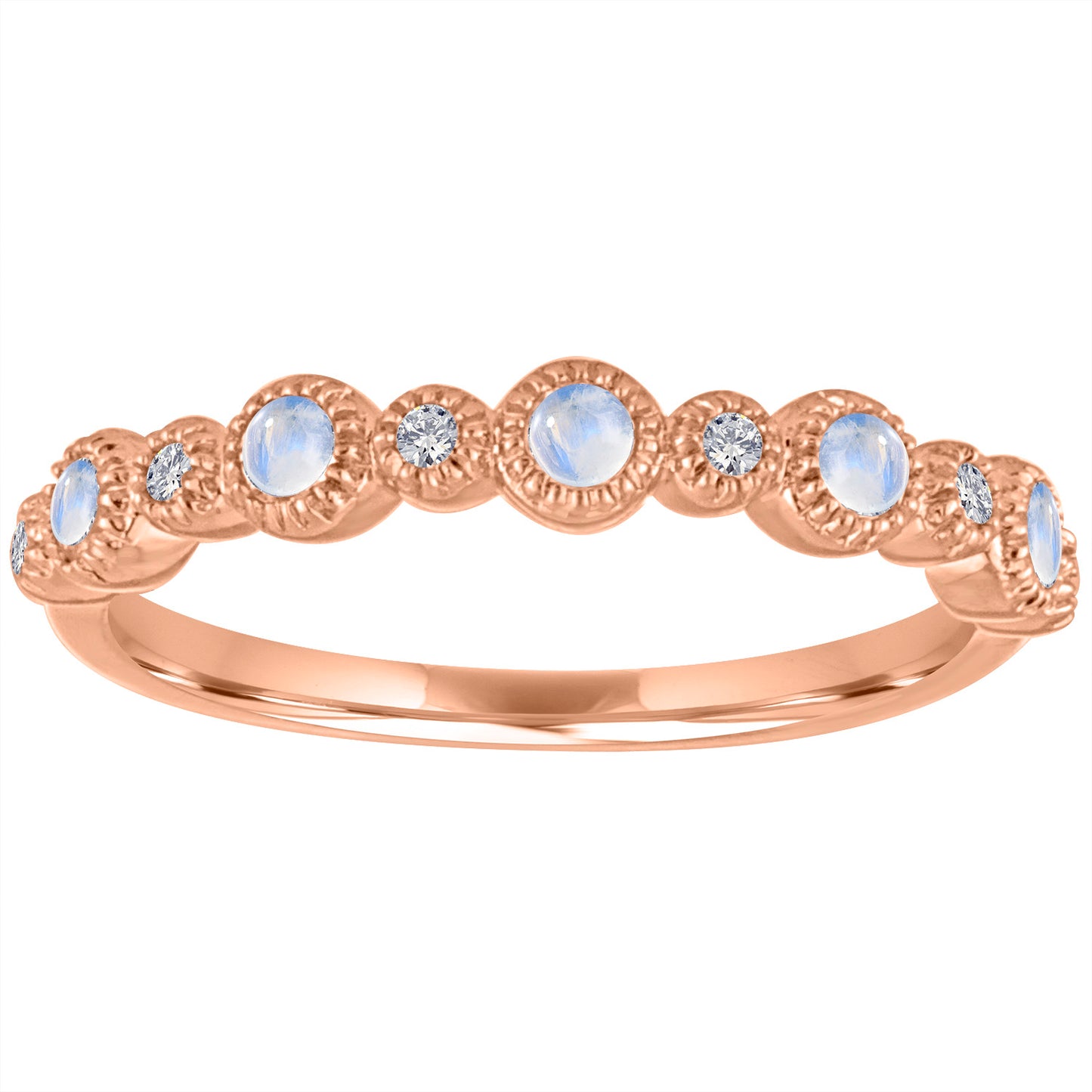 Rose gold skinny band with large round moonstones and small round diamonds.