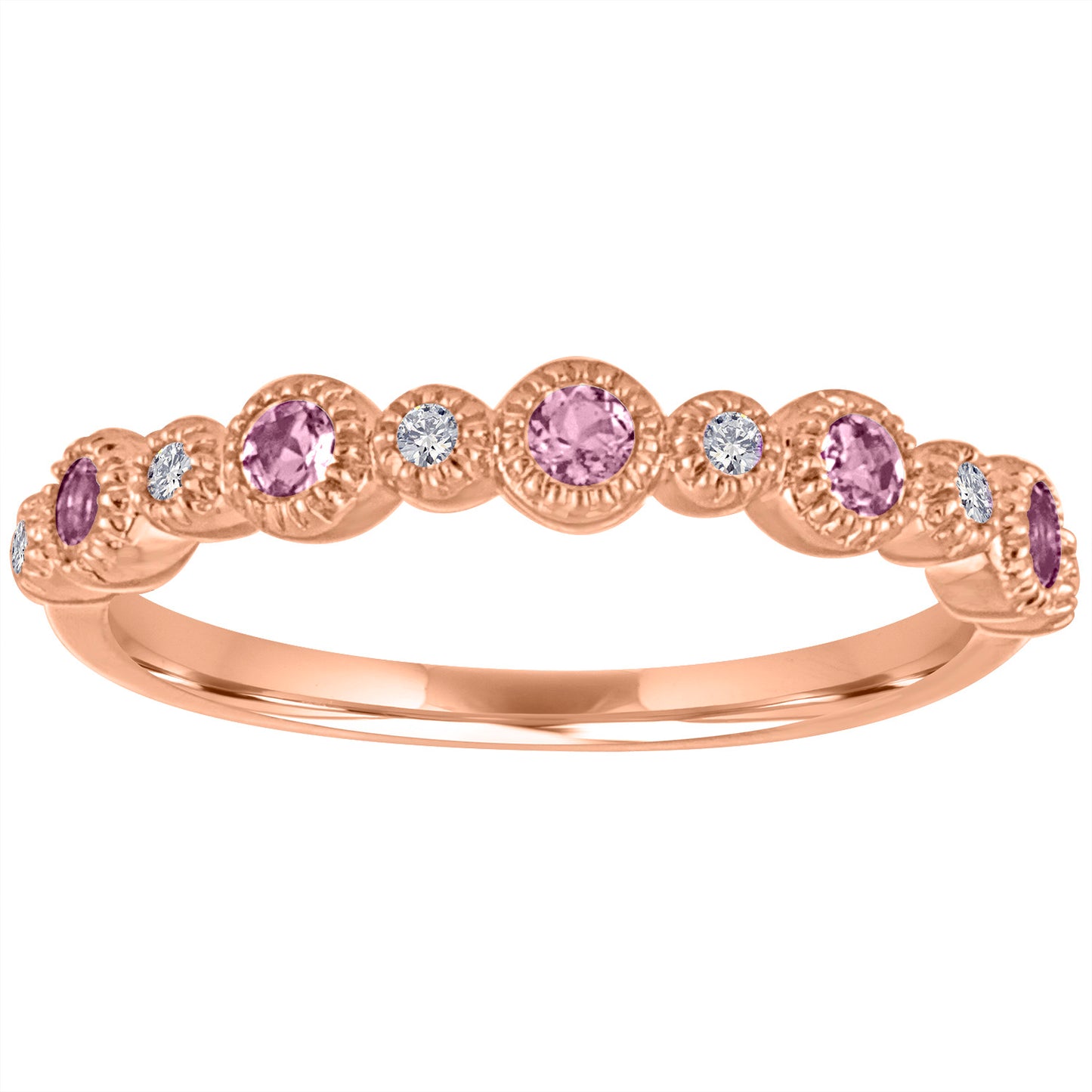 Rose gold skinny band with large round pink tourmalines and small round diamonds.
