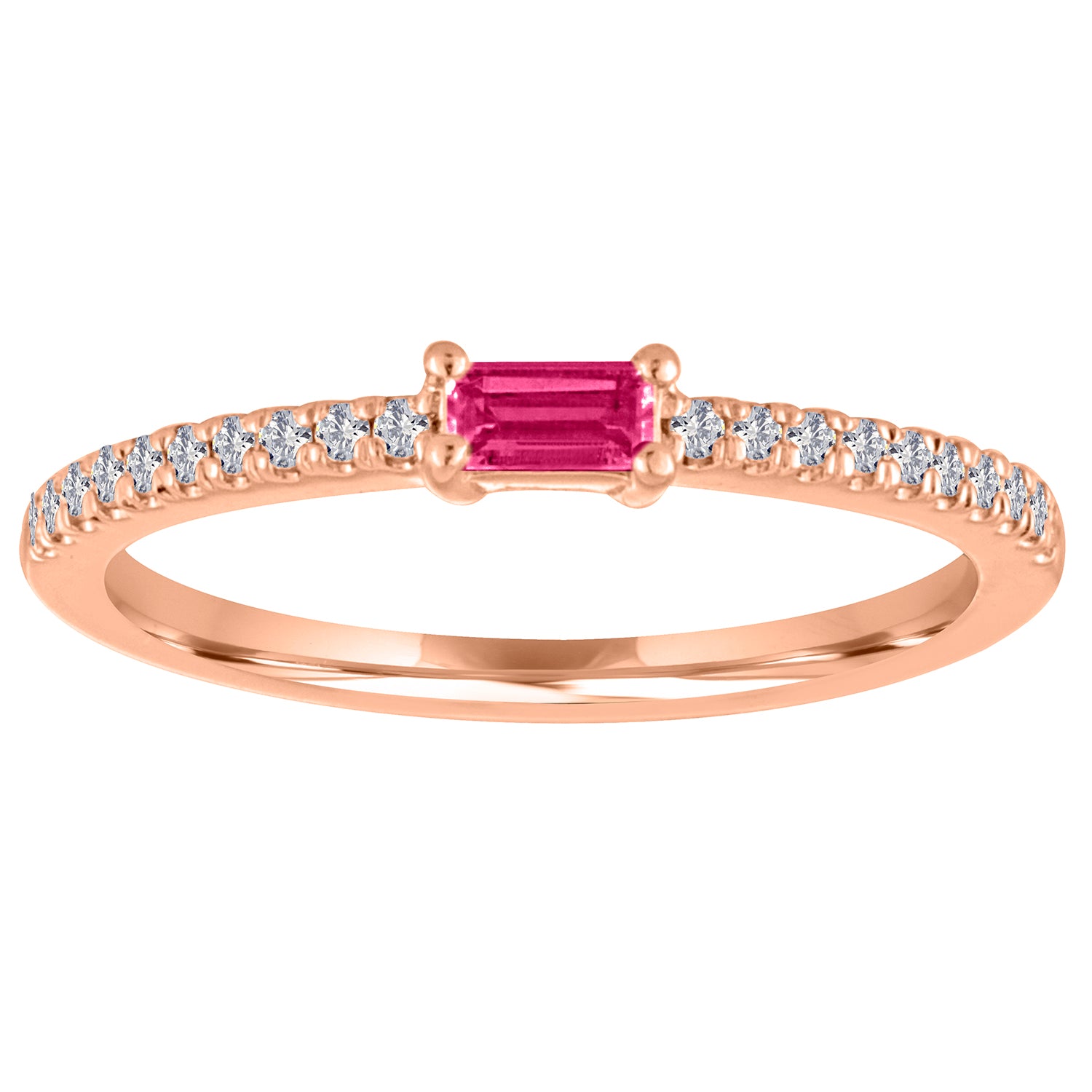 Rose gold skinny band with a ruby baguette in the center and round diamonds on the shank.