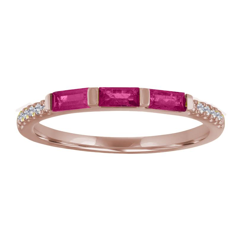 Rose gold skinny band with three pink tourmalines and round diamonds on the shank. 