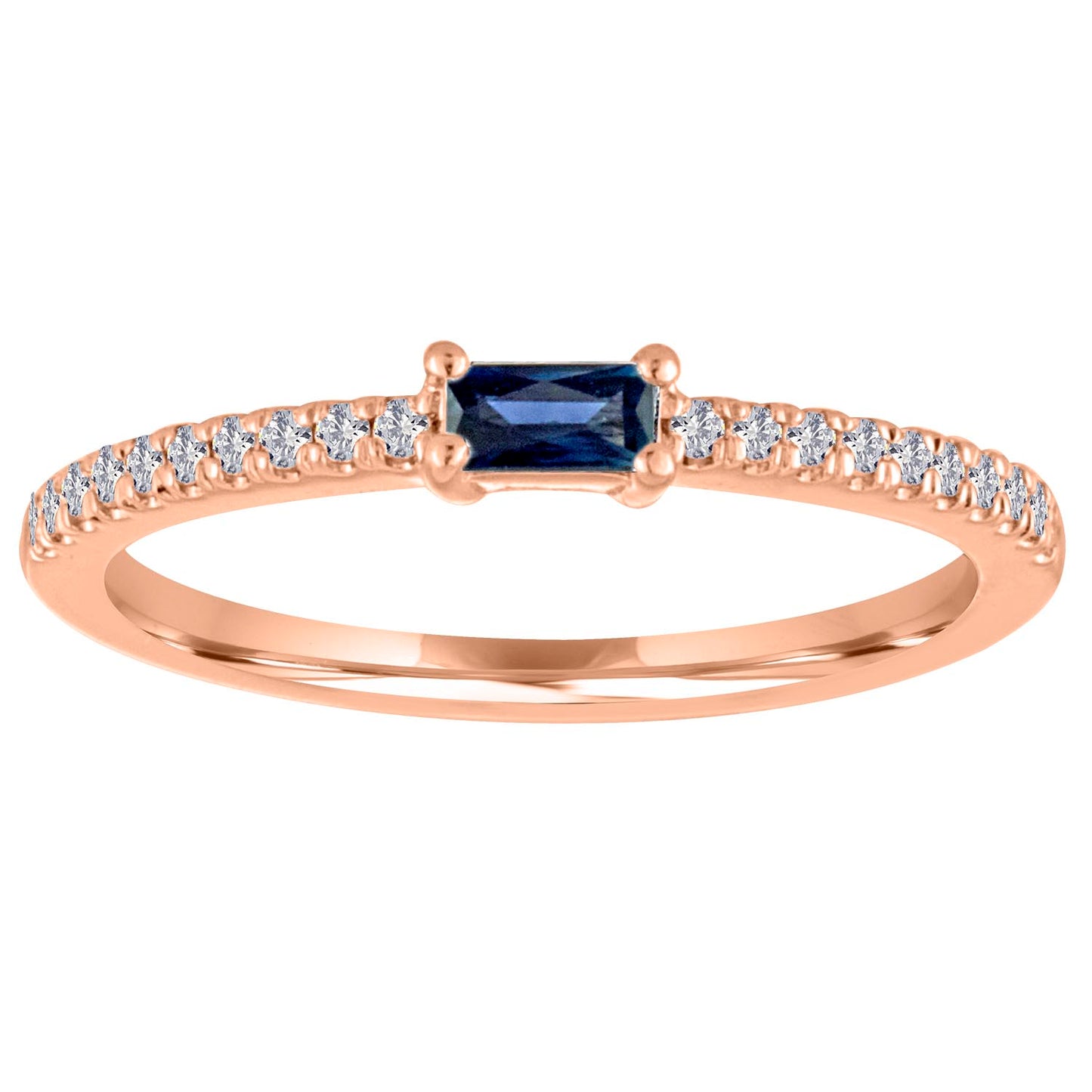 Rose gold skinny band with a sapphire baguette in the center and round diamonds on the shank.