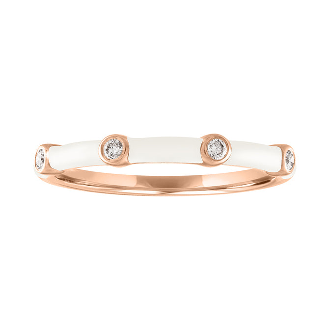 Rose gold skinny band with white enamel and four round diamonds. 