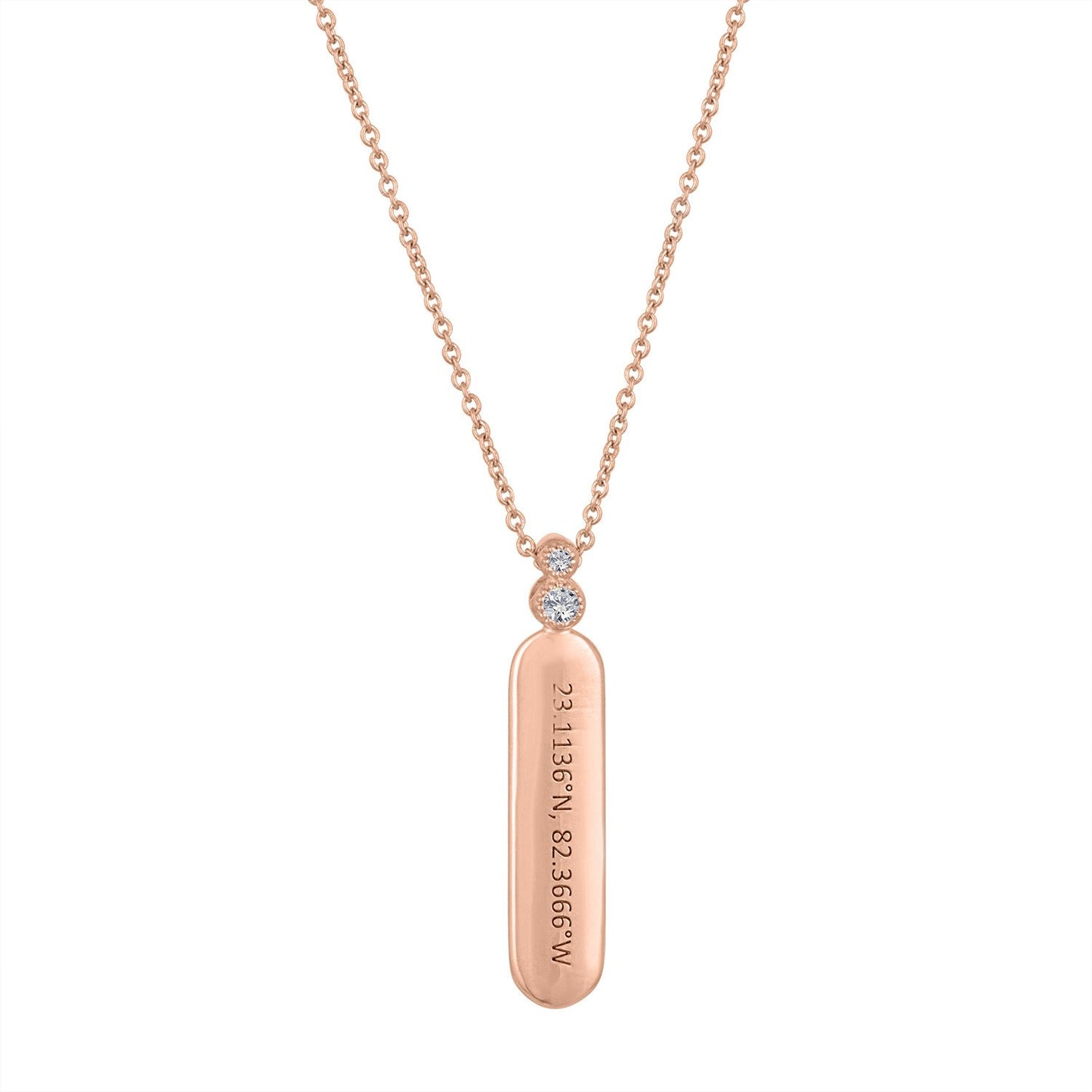 Rose gold skinny dog tag necklace with two round diamonds coordinates 