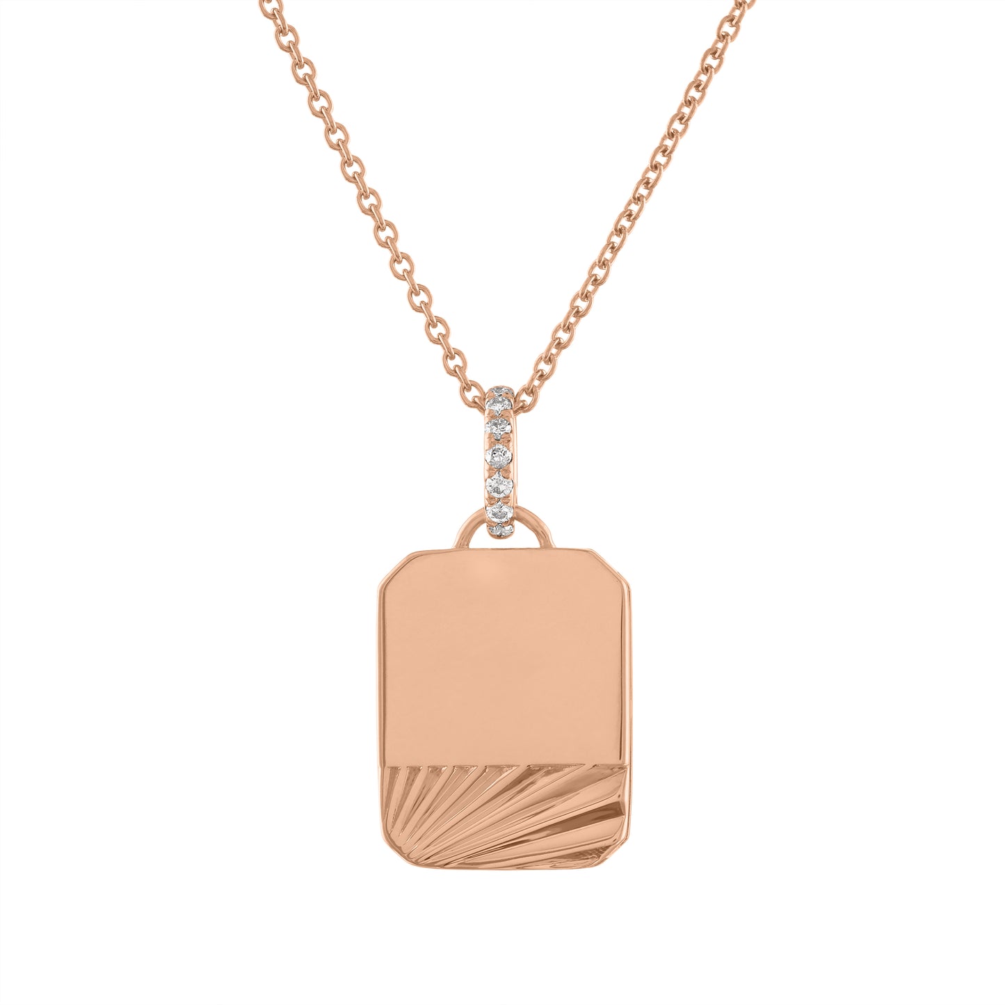 Rose gold small engravable dogtag necklace with fluting and a diamond bail. 