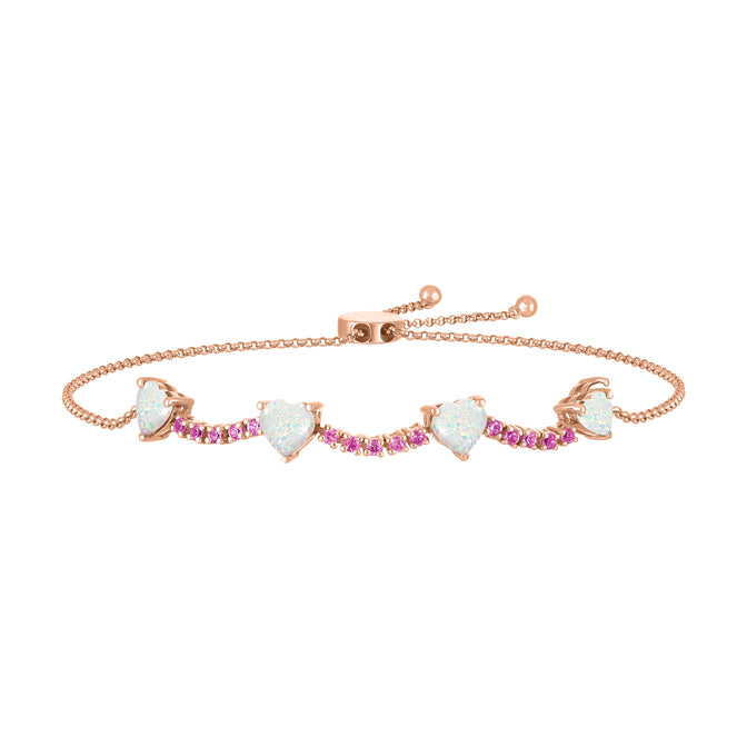Rose gold straight line bracelet with opal hearts and round pink tourmalines.