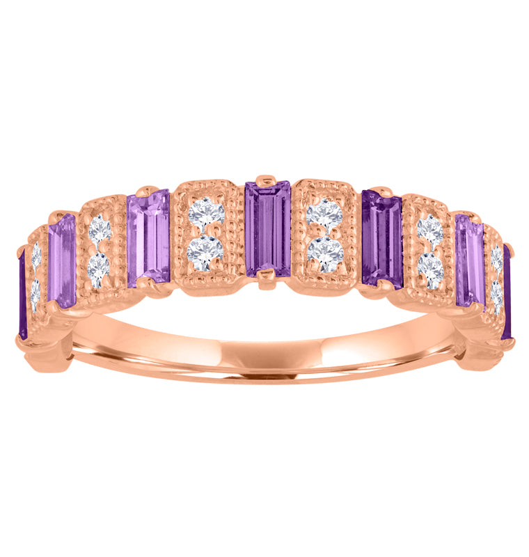 Rose gold wide band with amethyst baguettes and round diamonds.