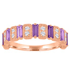 Rose gold wide band with amethyst baguettes and round diamonds.