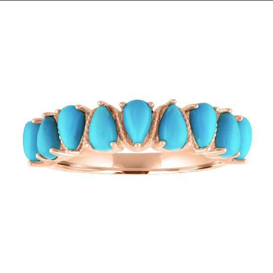 Rose gold wide band with alternating pear shaped turquoises. 