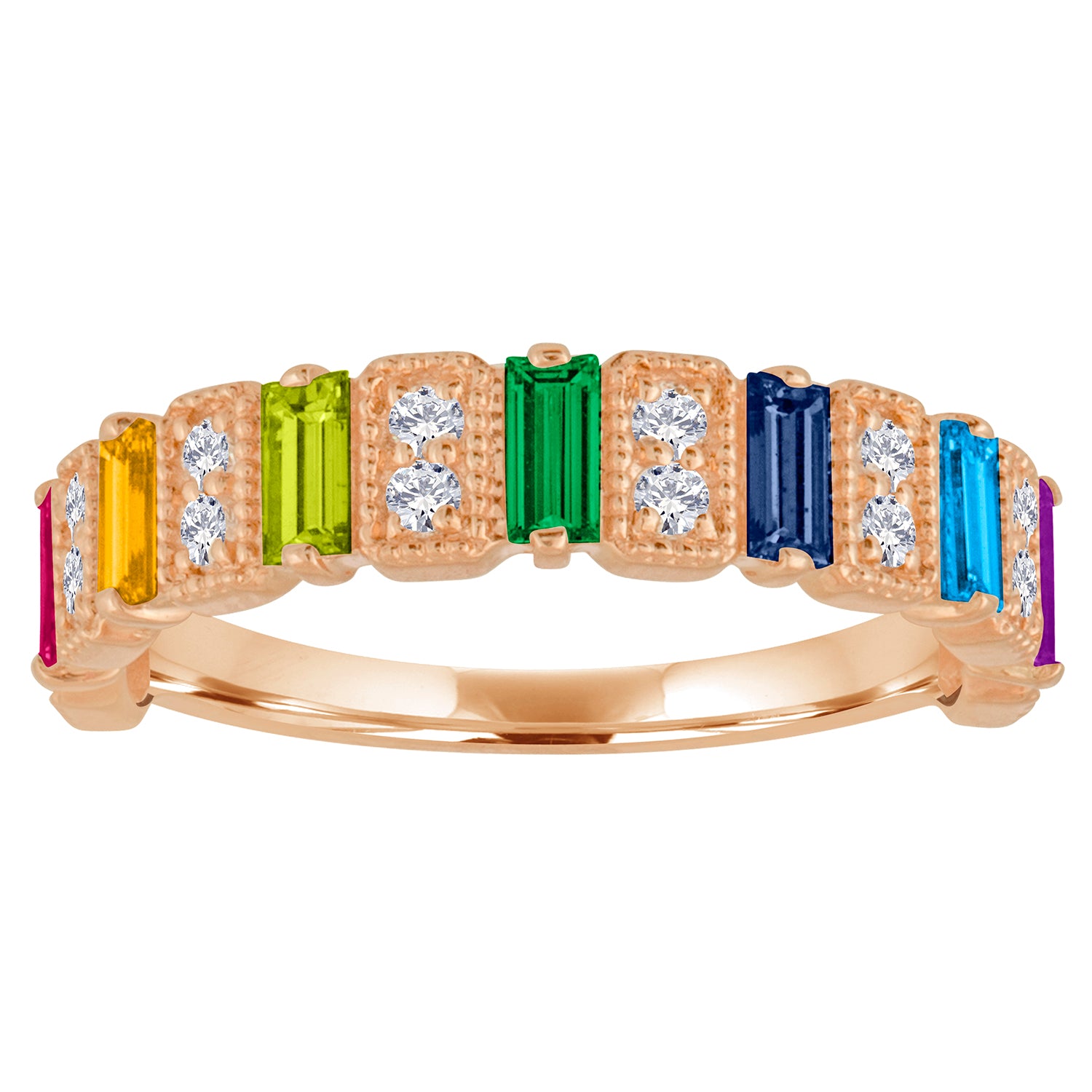 Rose gold wide band with multicolor baguettes and round diamonds.