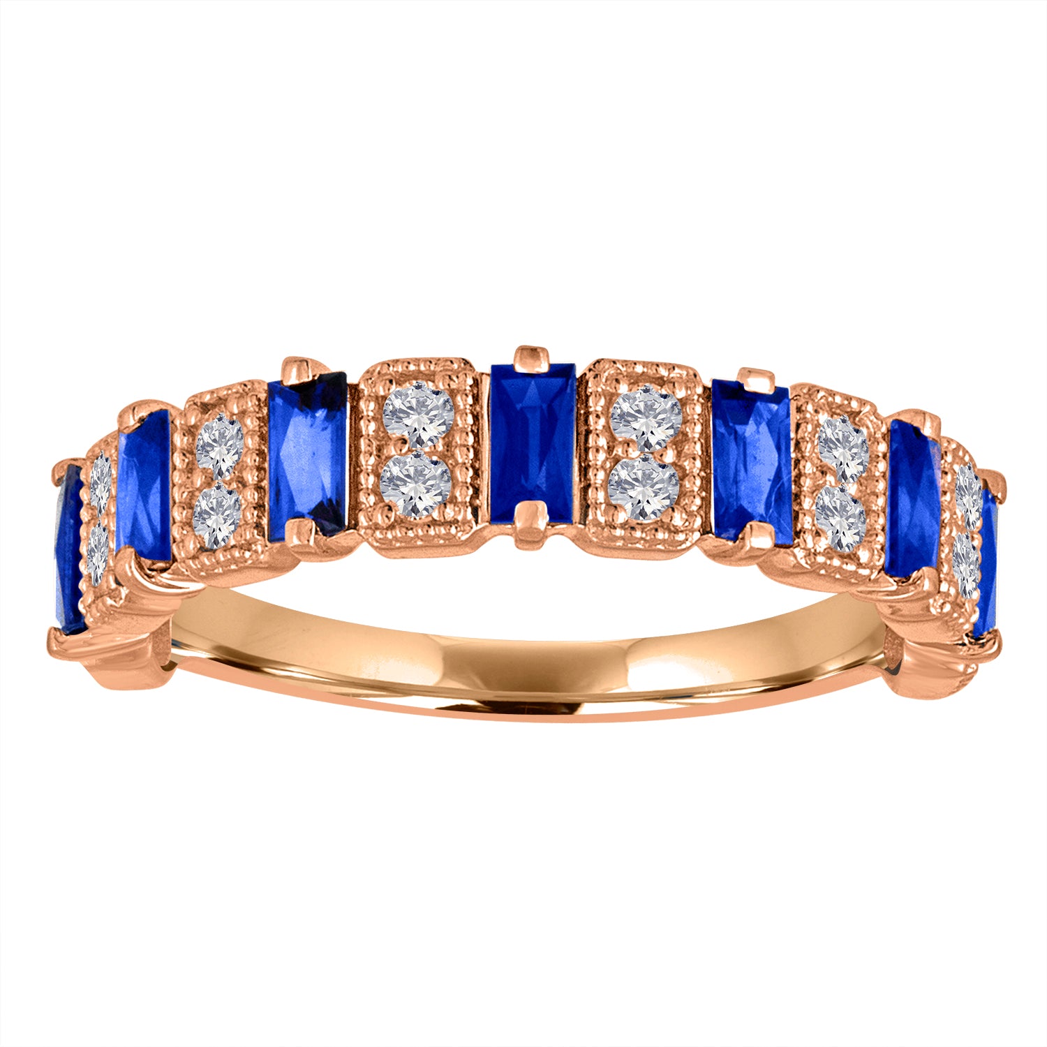 Rose gold wide band with blue sapphire baguettes and round diamonds.