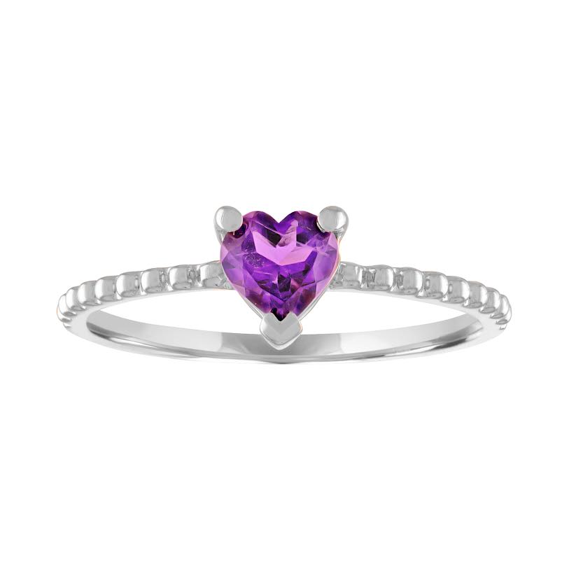 White gold beaded skinny band with a heart shaped amethyst in the center. 