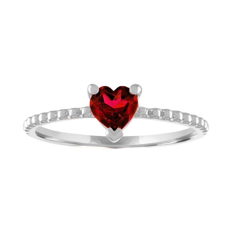 White gold beaded skinny band with a heart shaped garnet in the center. 