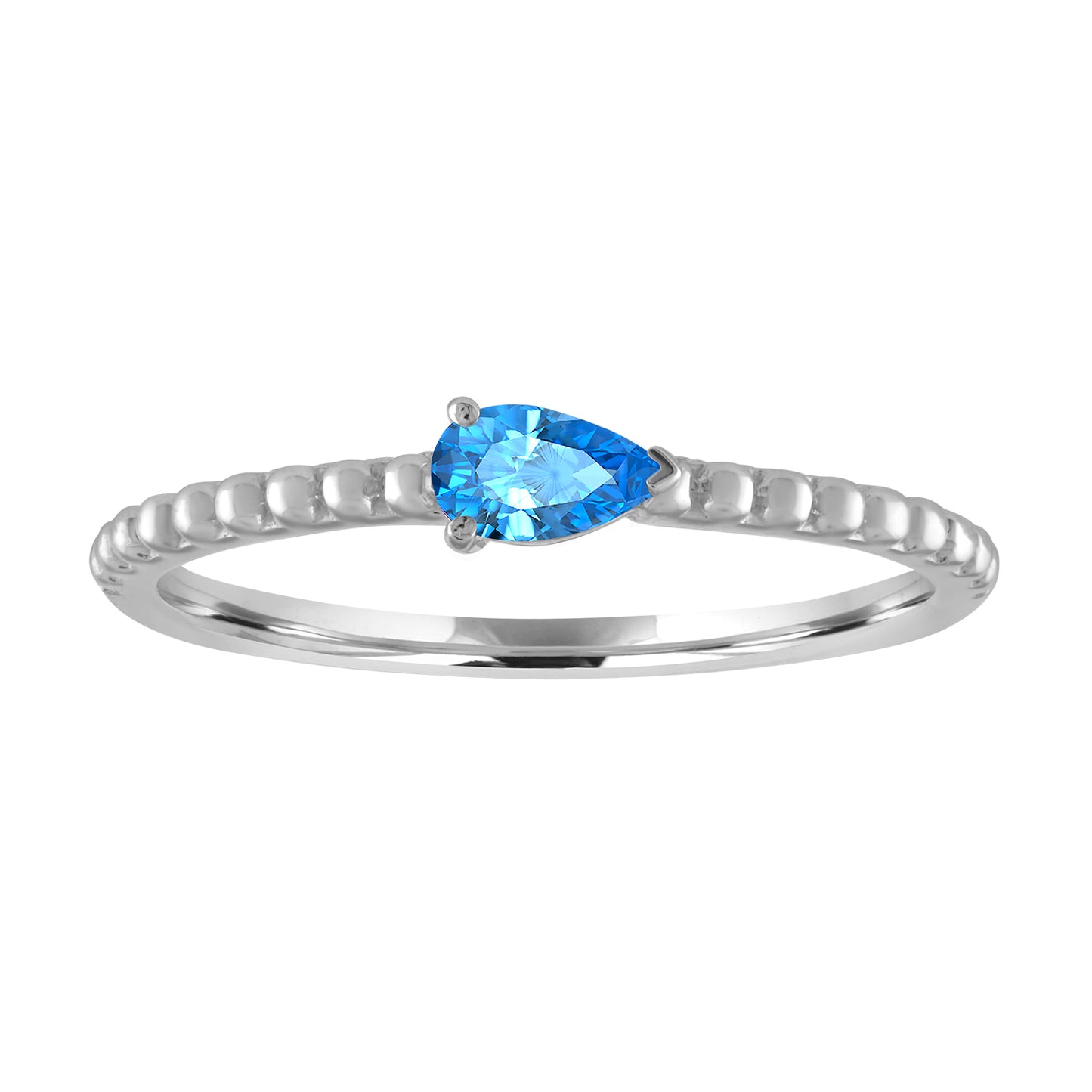 White gold beaded skinny band with a pear shaped blue topaz in the center. 