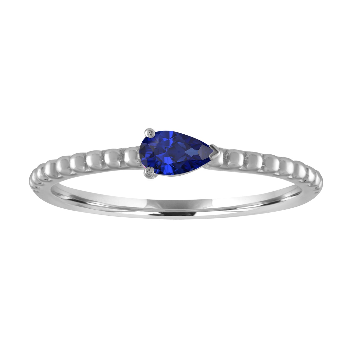 White gold beaded skinny band with a pear shaped sapphire in the center. 