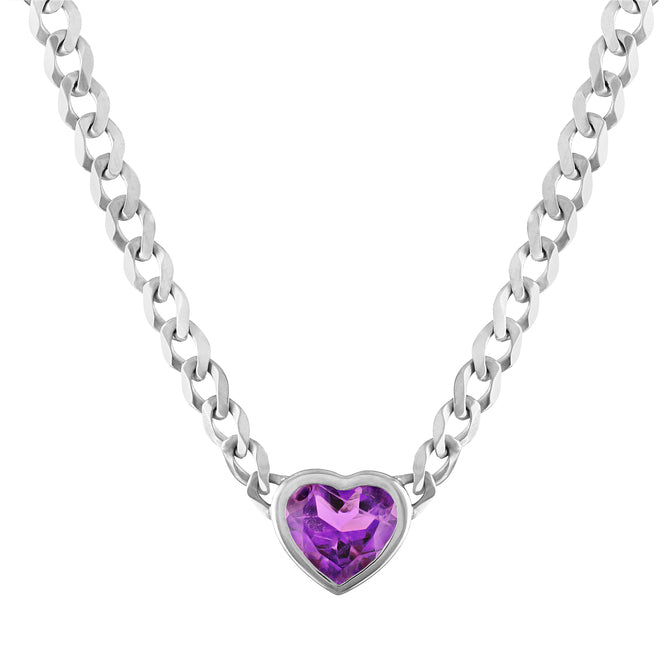 White gold cuban link chain necklace with a heart shaped bezeled amethyst in the center. 