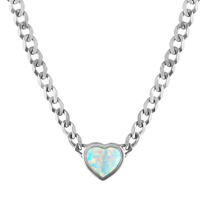 White gold cuban link chain necklace with a heart shaped bezeled opal in the center. 